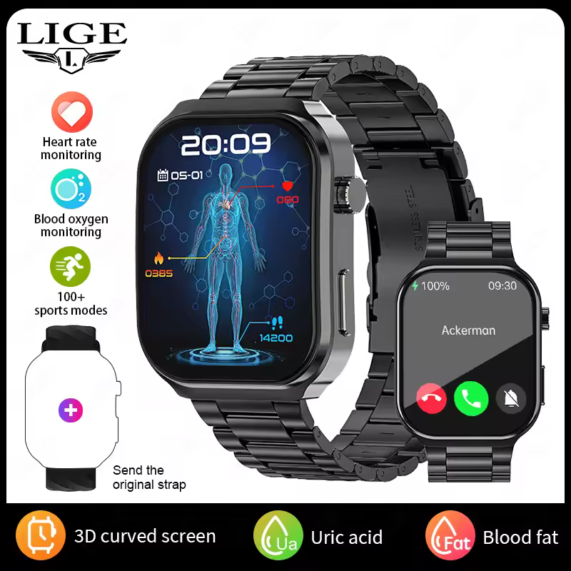 LIGE 3D Curved New AI Healthy Diagnose Smart Watch Blood Lipid Uric Acid Bluetooth Call Blood Pressure Health Smartwatch Men Women - Image 3