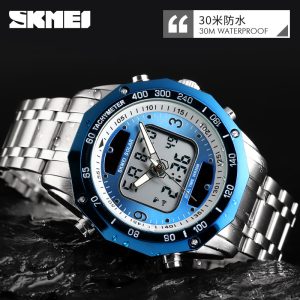SKMEI 1493 Dual Time Solar 3atm Stainless Steel Watch Men Luxury Men's Fashion Watch