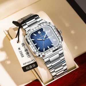 POEDAGAR Luxury Square Diamond Watch For Men Waterproof Luminous Casual Fashion Quartz Men's Watch