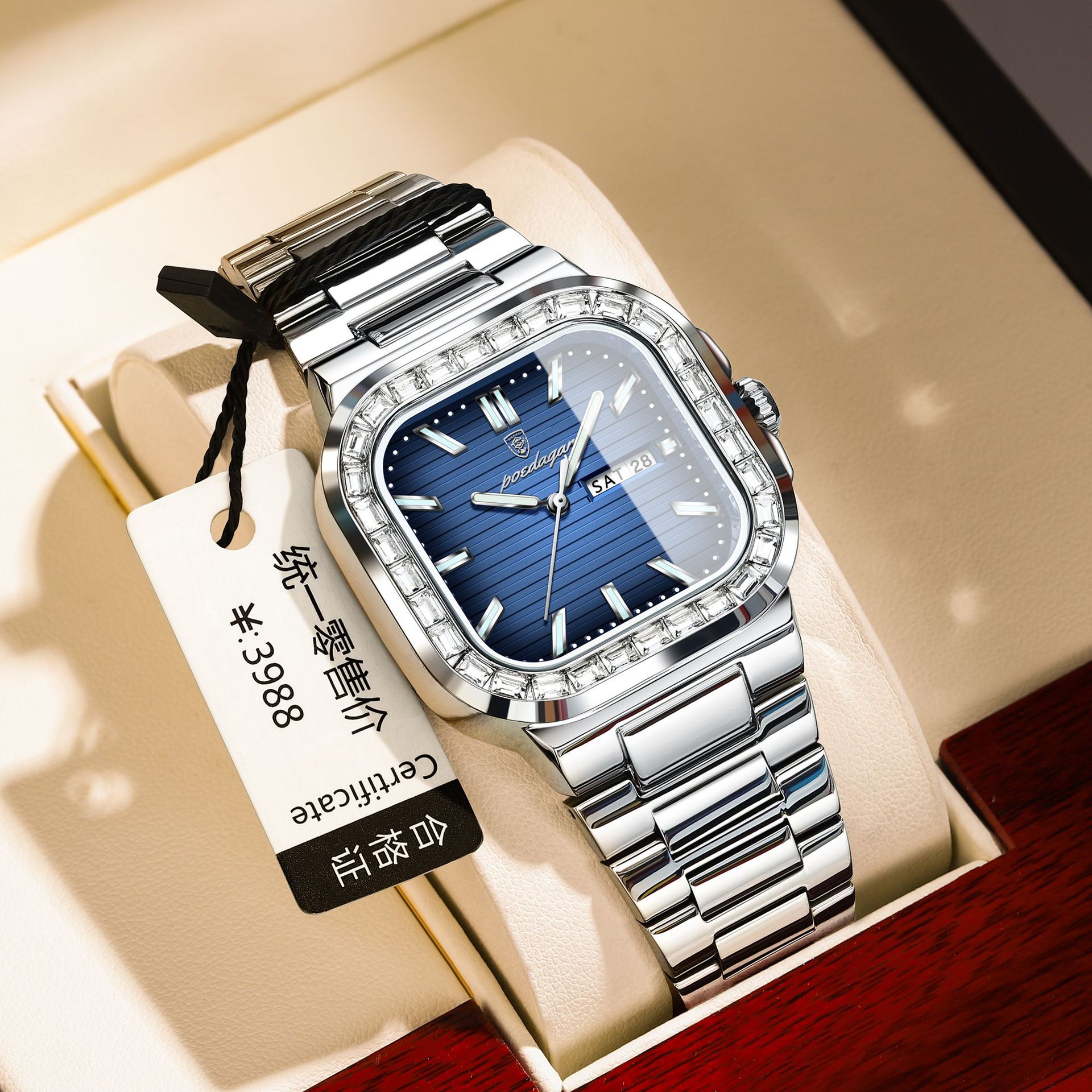 POEDAGAR Luxury Square Diamond Watch For Men Waterproof Luminous Casual Fashion Quartz Men's Watch - Image 3
