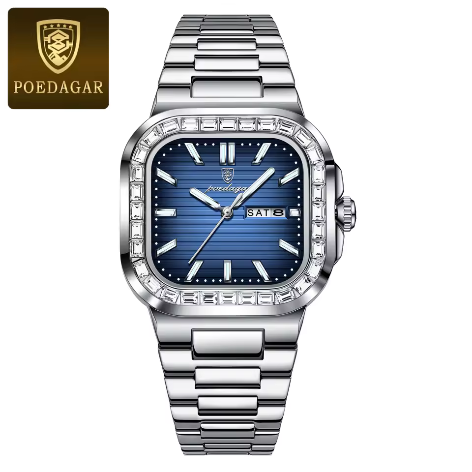 POEDAGAR Luxury Square Diamond Watch For Men Waterproof Luminous Casual Fashion Quartz Men's Watch - Image 4
