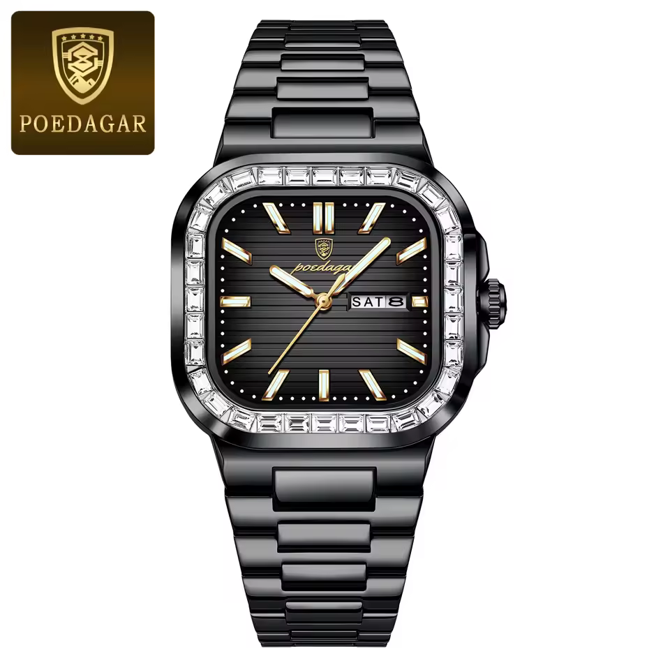 POEDAGAR Luxury Square Diamond Watch For Men Waterproof Luminous Casual Fashion Quartz Men's Watch - Image 2