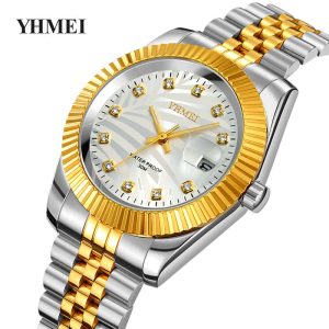YHMEI Men's Elegant Quartz Watch Durable Stainless Steel Band Waterproof Luxury Design