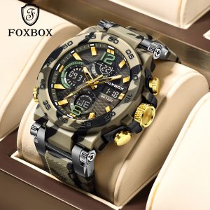 Foxbox Men Military Camouflage Digital Dual Time 50m Waterproof Wristwatch
